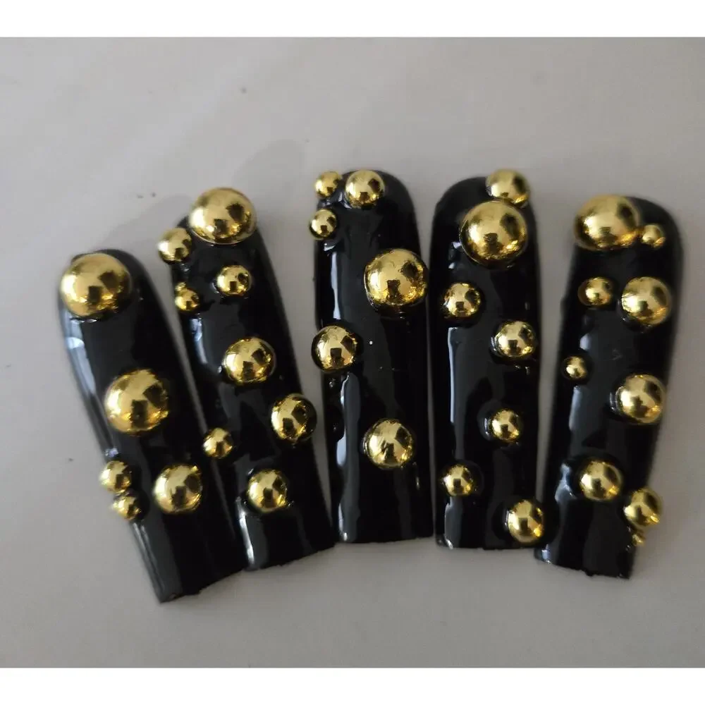 New Hand Made Xl Press On Nails Square Gold Studs 24 Count